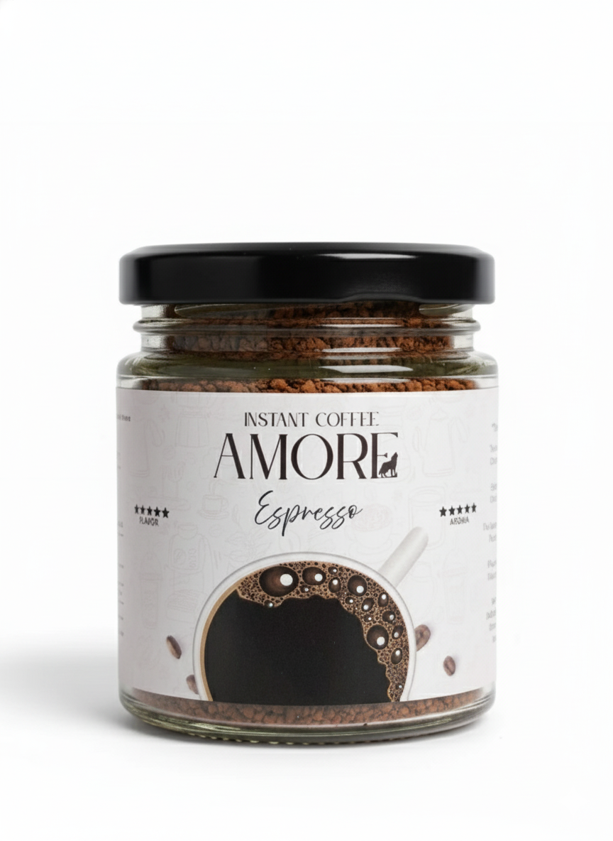Jar of Amore Espresso instant coffee on a white background