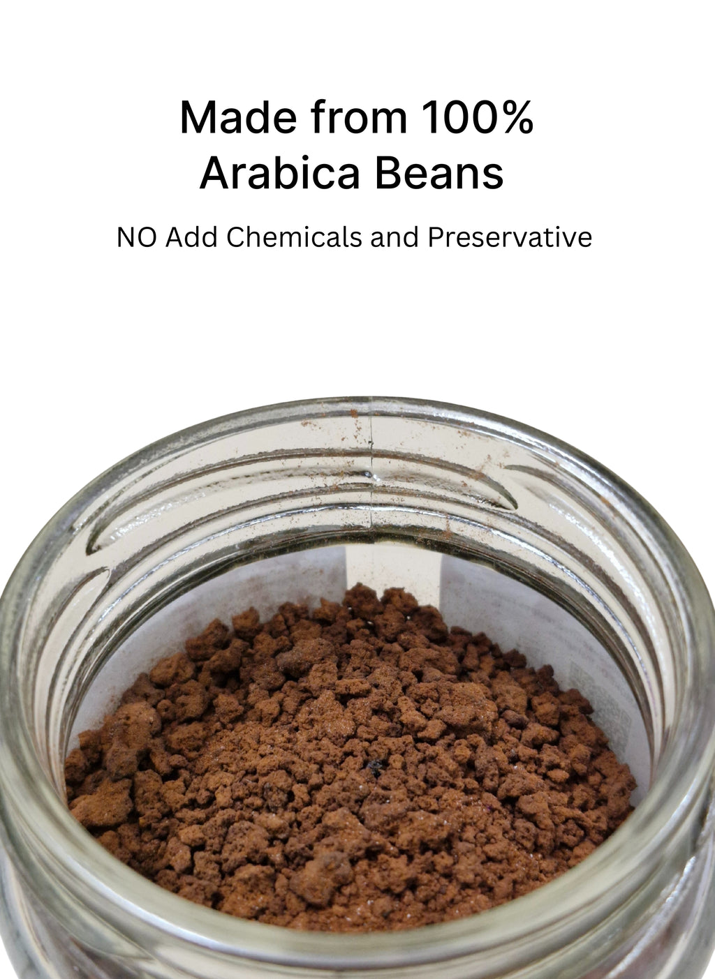 Jar of ground coffee with text about Arabica beans and no additives on a white background