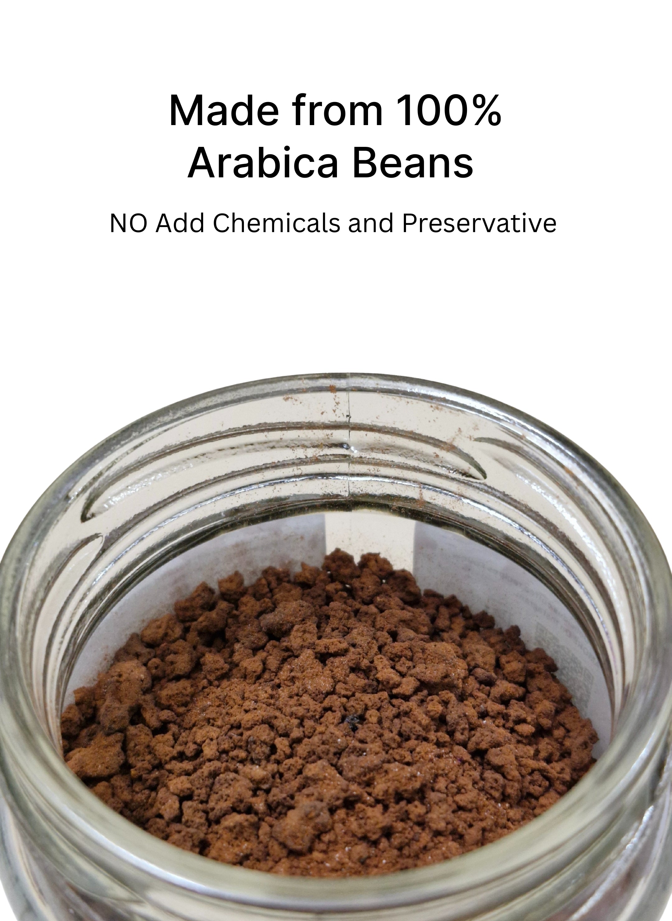 Jar of ground coffee with text about Arabica beans and no additives on a white background