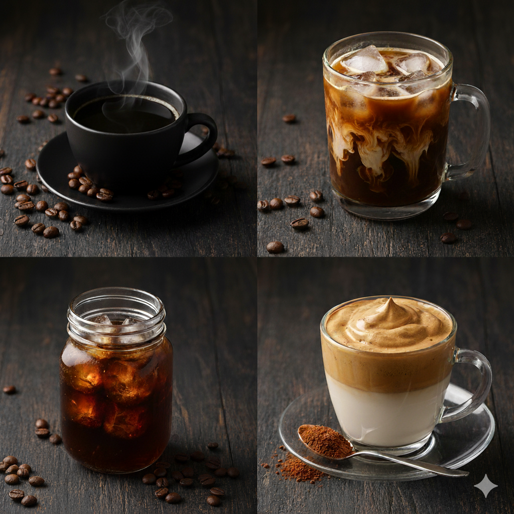 Four types of coffee drinks on a dark wooden background with coffee beans.