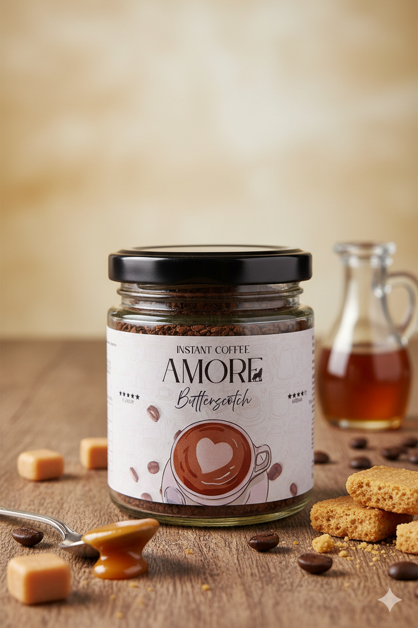 Jar of 'Amore' instant coffee with a caramel flavor on a wooden surface with caramel candies and cookies.