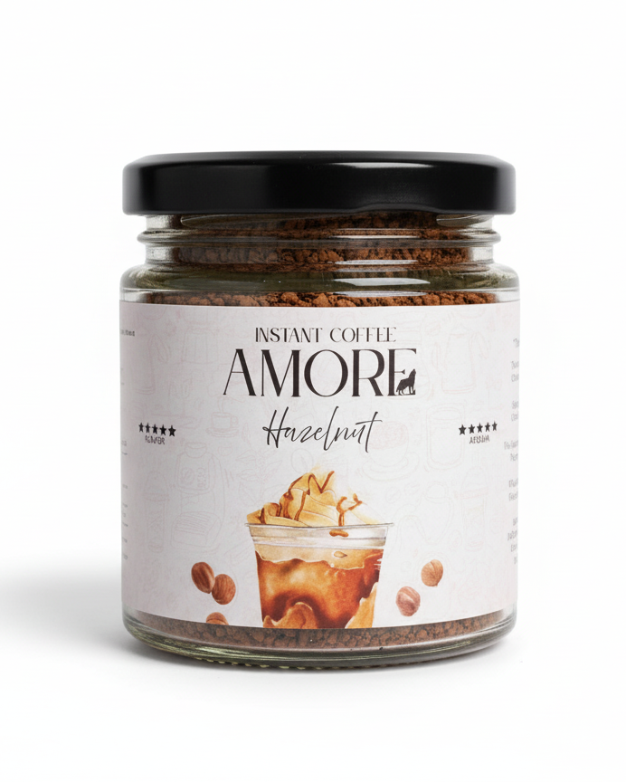 Jar of Amore instant coffee with hazelnut flavor on a white background