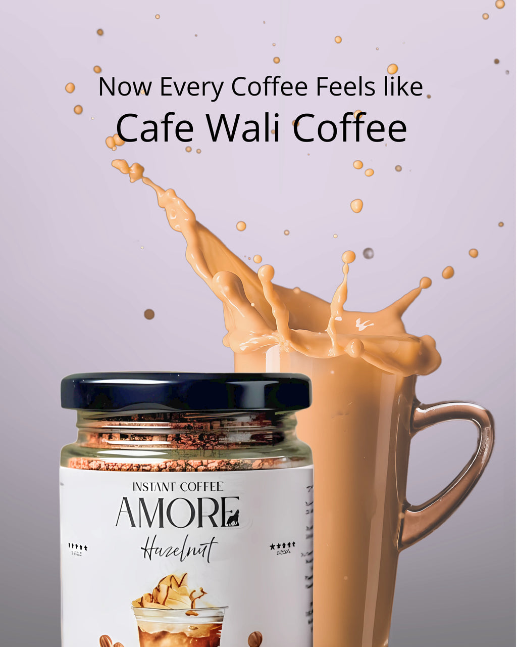 Amore Hazelnut instant coffee jar with a splashing coffee design on a light purple background