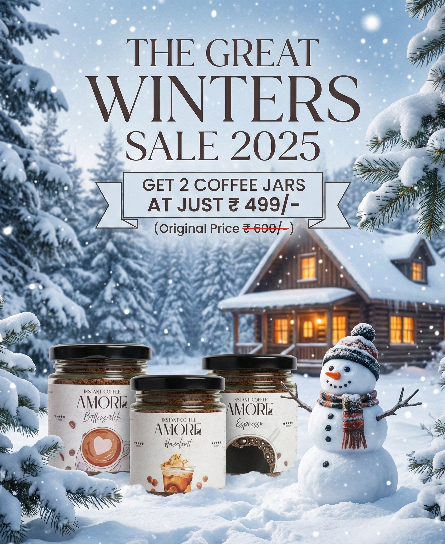 Promotional image for 'The Great Winters Sale 2025' with coffee jars and a snowman in a snowy landscape.
